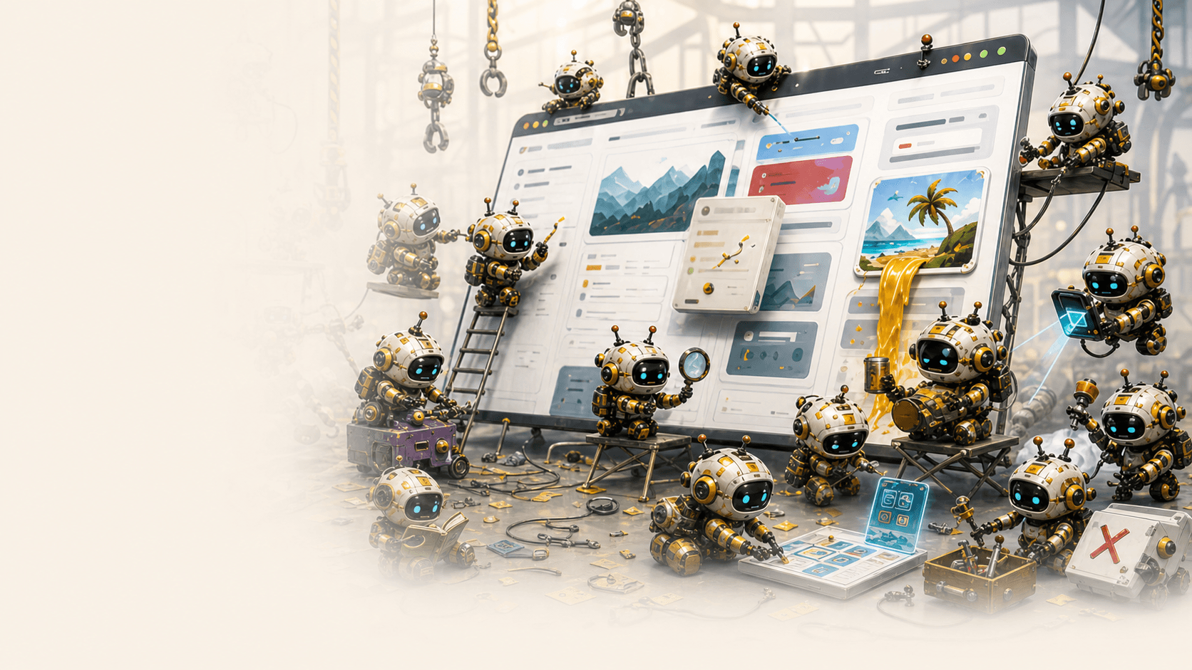 Small Betabots inspecting and repairing a product dashboard